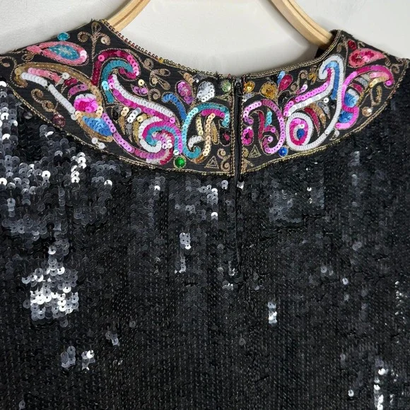 Donnatella Black Sequin Beaded Collar Long Sleeve Silk Blouse‎ Top Women's Sz L* - Picture 3 of 12